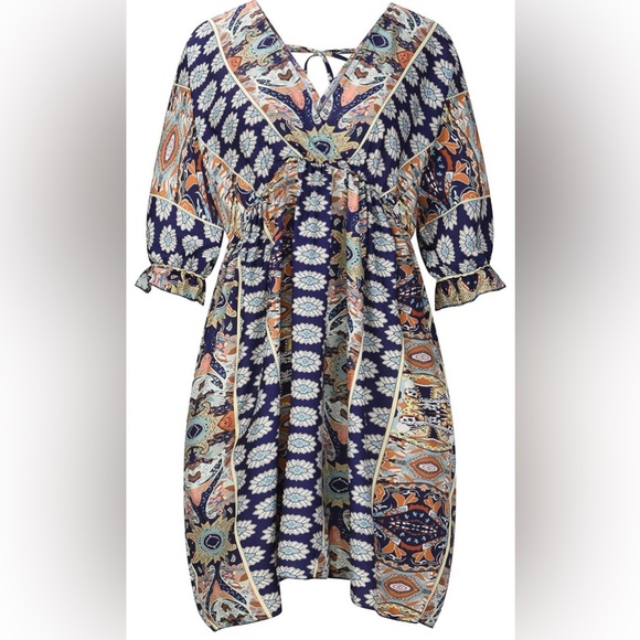 BOHO Mixed Print V Neck Dress Women’s Size Large - Picture 3 of 8